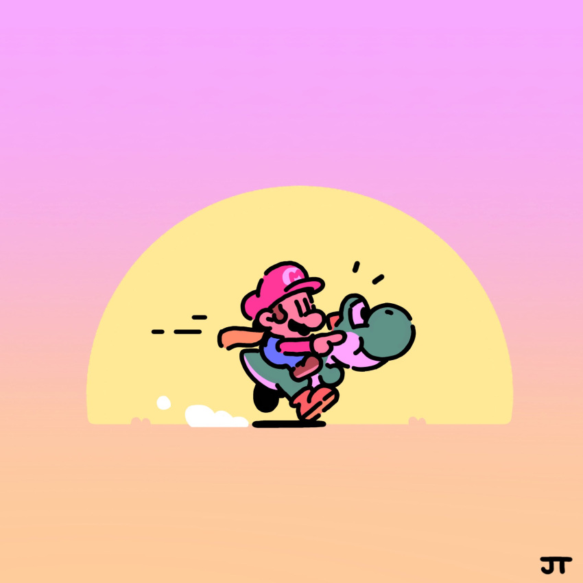 1boy, blue_overalls, brown_footwear, brown_hair, cape_mario, chibi, chibi_only, closed_mouth