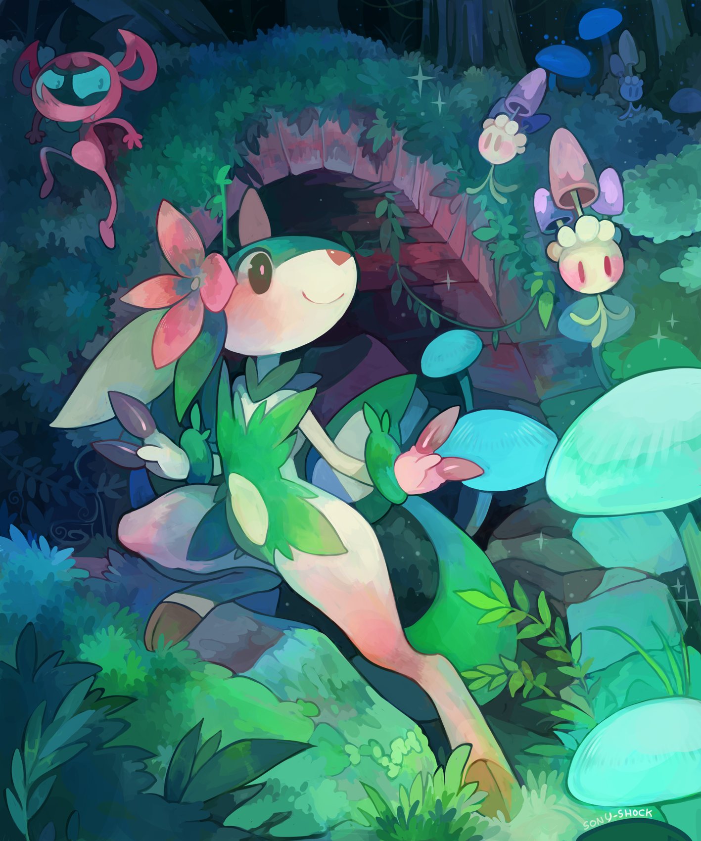 fakemon, faunazon, forest, grass, highres, impidimp, leaf, morelull