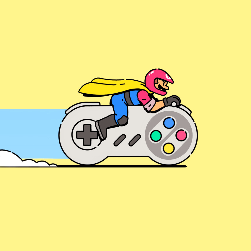 1boy, black_footwear, black_gloves, blue_overalls, boots, brown_hair, cape, cape_mario