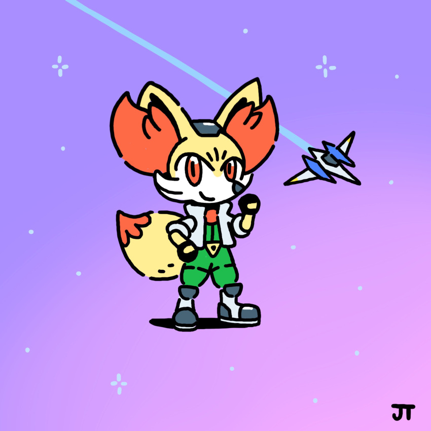 arwing, black_gloves, boots, closed_mouth, clothed_pokemon, commentary, cosplay, crossover