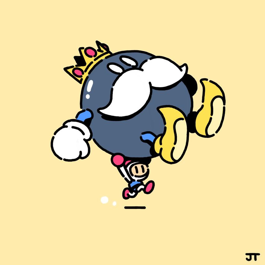 1boy, arms_up, bomberman, carrying, commentary, crossover, crown, english_commentary