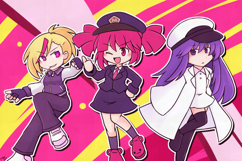 216, 3girls, alternate_costume, animal_shoes, artist_name, black_footwear, black_gloves, black_hat