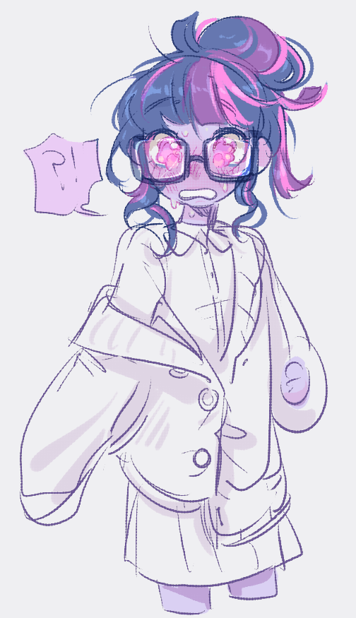 !?, 1girl, black-framed_eyewear, blunt_bangs, clenched_hand, collared_shirt, colored_skin, commentary, crying, glasses, grey_background, hair_bun, hair_up, hand_up, jacket, komunhorangi, long_sleeves, looking_at_viewer, messy_hair, multicolored_hair, my_little_pony, my_little_pony:_equestria_girls, my_little_pony:_friendship_is_magic, off_shoulder, partially_unbuttoned, purple_hair, purple_skin, sci-twi, shirt, simple_background, skirt, solo, streaked_hair, symbol-only_commentary, tearing_up, tears, teeth, twilight_sparkle, violet_eyes
