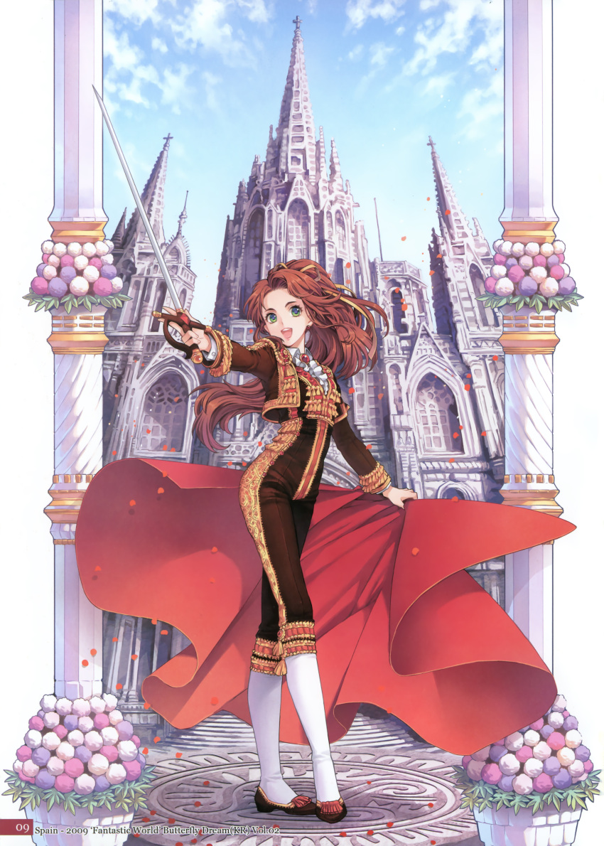 barcelona, brown_hair, building, cape, cathedral, cathedral_of_santa_eulalia, church, cloud, cropped_jacket, cross, earrings, flat_chest, flower, gothic_architecture, green_eyes, hair_ribbon, happy, highres, jewelry, long_hair, matador, nardack, original, petals, ponytail, rapier, ribbon, sable, shoes, sky, smile, spain, sword, teeth, very_long_hair, weapon