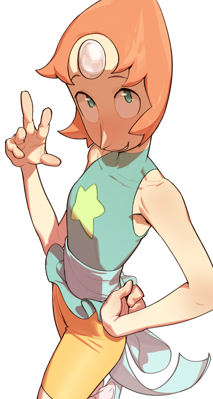 1girl, blue_eyes, blue_ribbon, blue_shirt, highres, light_smile, looking_at_viewer, looking_up, pale_skin, pearl_(steven_universe), pink_hair, pointy_nose, ribbon, shirt, short_hair, sleeveless, solo, solo_focus, star_(symbol), steven_universe, svacob, white_background