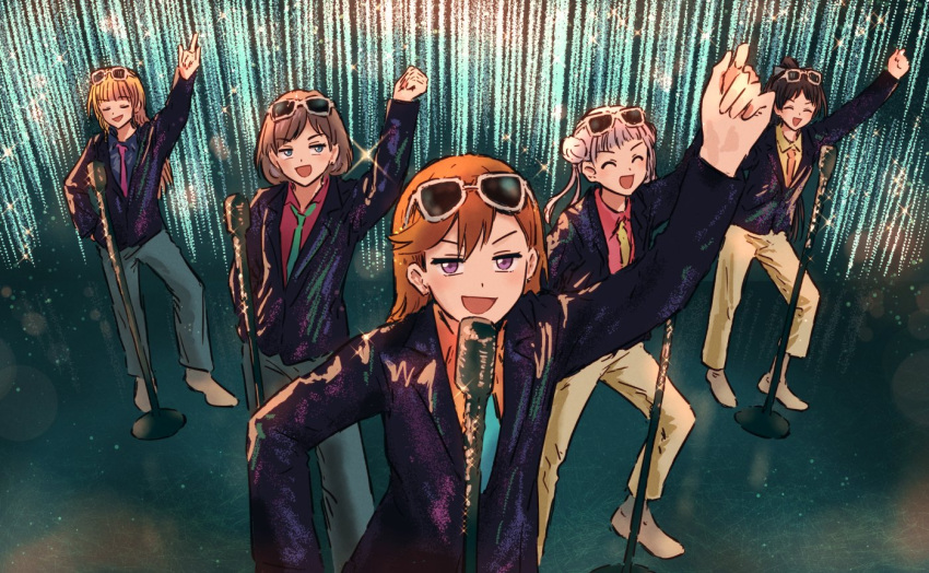 5girls, :d, ^_^, arashi_(music), arashi_chisato, arm_up, black_hair, black_jacket