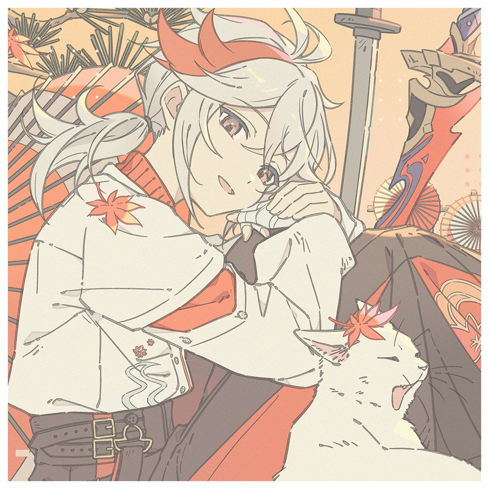 1boy, bandaged_hand, bandages, brown_eyes, cat, commentary_request, crossed_bangs, genshin_impact, grey_hair, hair_between_eyes, japanese_clothes, kaedehara_kazuha, kagotsurube_isshin_(genshin_impact), leaf, looking_at_viewer, male_focus, multicolored_hair, munya_(pic), oil-paper_umbrella, own_hands_together, ponytail, redhead, sitting, streaked_hair, sword, umbrella, weapon, white_cat, white_hair