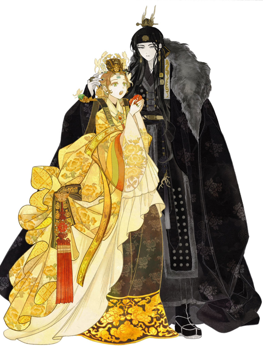 1boy, 1girl, black_footwear, black_hair, black_headband, black_robe, brown_hair, bug