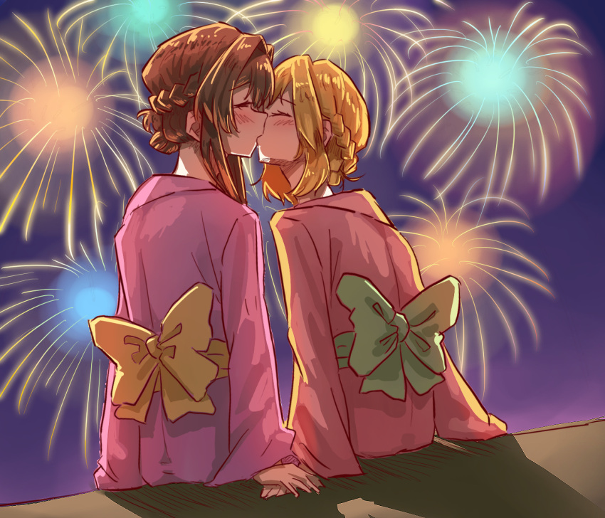 2girls, aerial_fireworks, anjuro_zeeku, asanagi_yori, back_bow, blonde_hair, blush, bow