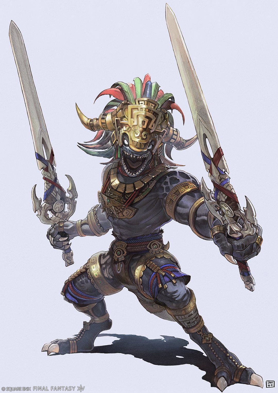 1boy, claws, copyright_notice, dual_wielding, english_commentary, fake_horns, feathered_helmet, feathers