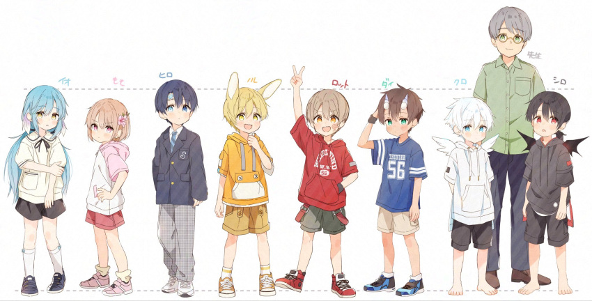 6+boys, animal_ears, aqua_eyes, barefoot, black_coat, black_hair, black_hoodie, black_shorts, blue_hair, blue_shirt, breast_pocket, brown_footwear, brown_hair, character_name, closed_mouth, coat, collared_shirt, dai_(far_tarooo), far_tarooo, flower, flower_on_head, glasses, green_eyes, green_shirt, grey_hair, hair_between_eyes, hand_in_pocket, hashtag-only_commentary, heterochromia, highres, hood, hoodie, horns, kuro_(far_tarooo), lineup, looking_at_viewer, male_focus, multiple_boys, necktie, noru_(far_tarooo), open_mouth, orange_eyes, original, otoko_no_ko, pocket, red_eyes, red_hoodie, rotto_(far_tarooo), sensei_(far_tarooo), shiro_(far_tarooo), shirt, short_hair, shorts, simple_background, smile, socks, standing, translation_request, two-tone_footwear, two-tone_socks, v, v-shaped_eyebrows, white_background, white_hoodie, white_shorts, white_socks, yellow_eyes, yellow_shorts