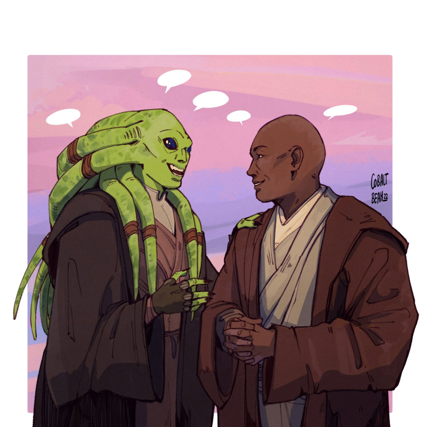 2boys, alien, artist_name, bald, brown_gloves, brown_robe, brown_tunic, cobalt_beam