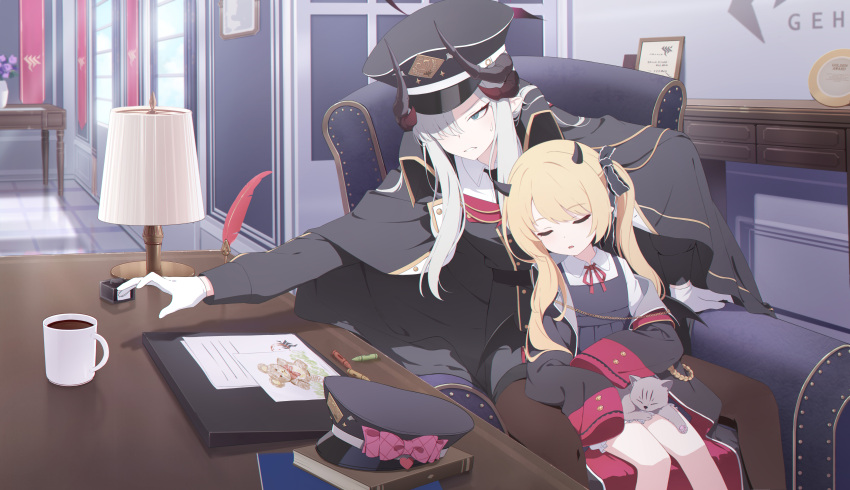 2girls, absurdres, black_hat, blonde_hair, blue_archive, cat, chinese_commentary, coffee_mug