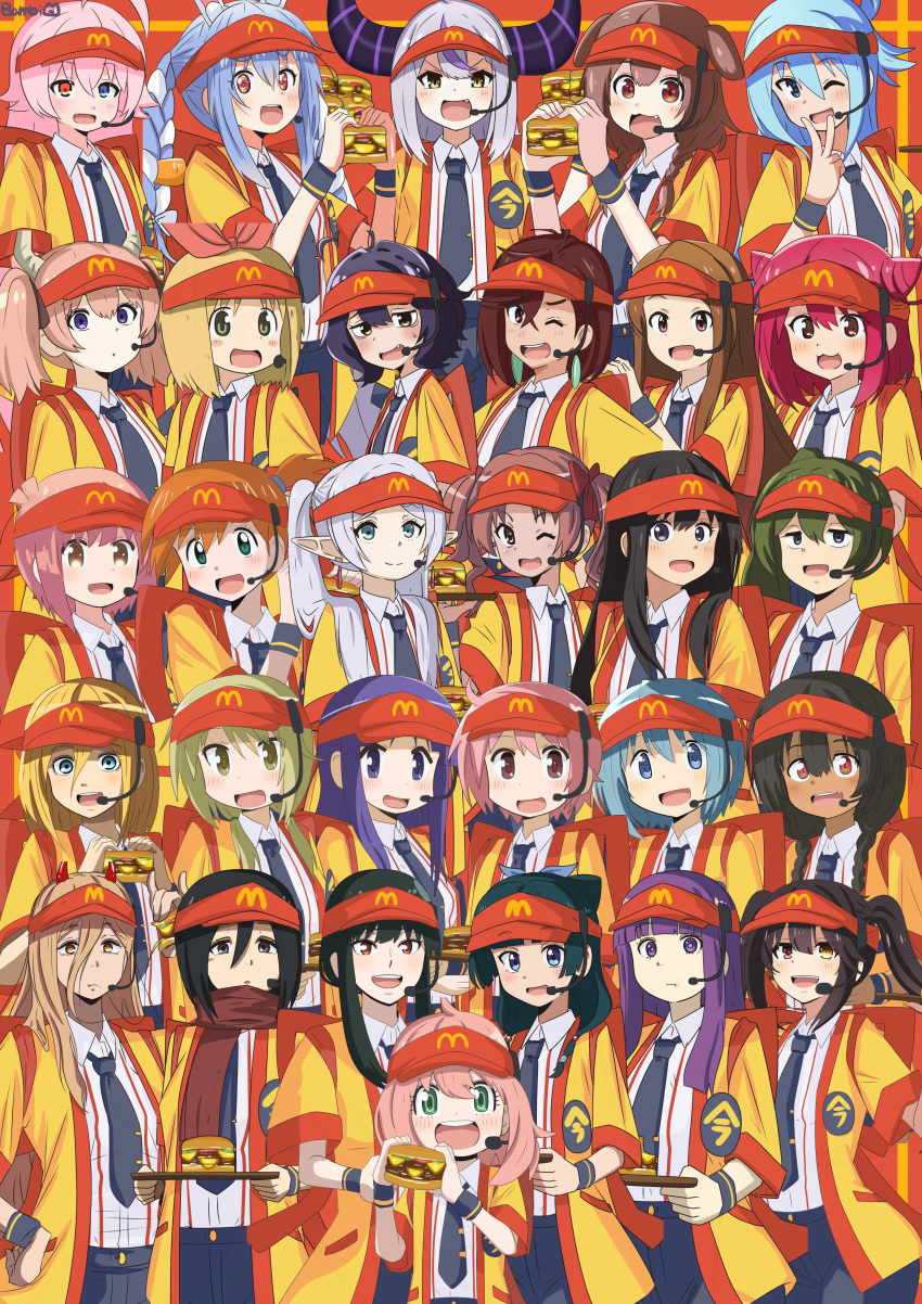 6+girls, :d, absurdres, ahoge, anya_(spy_x_family), aqua_(konosuba), ayase_momo, bambi2000line, black_necktie, black_shorts, blue_archive, blue_eyes, blue_hair, blunt_bangs, brown_hair, burger, chainsaw_man, character_request, commentary_request, cone_hair_bun, copyright_request, cosplay, crossover, dandadan, elf, fern_(sousou_no_frieren), food, frieren, hair_bun, hat, highres, holding, holding_burger, holding_food, holding_tray, hololive, hoshino_(blue_archive), imadake_dabuchi_tabemi, imadake_dabuchi_tabemi_(cosplay), inoue_takina, inugami_korone, krista_lenz, la+_darknesss, long_hair, looking_at_viewer, lycoris_recoil, mahou_shoujo_madoka_magica, mcdonald's, medium_hair, mikasa_ackerman, miki_sayaka, misty_(pokemon), multiple_crossover, multiple_girls, necktie, open_mouth, pink_hair, pointy_ears, pokemon, pokemon_(anime), pokemon_(classic_anime), power_(chainsaw_man), red_eyes, red_hat, shingeki_no_kyojin, shirai_kuroko, shirt, short_hair, shorts, side_ponytail, smile, sousou_no_frieren, spy_x_family, striped_clothes, striped_shirt, toaru_kagaku_no_railgun, toaru_majutsu_no_index, tray, twintails, ubel_(sousou_no_frieren), usada_pekora, virtual_youtuber, visor_cap, white_hair, yor_briar