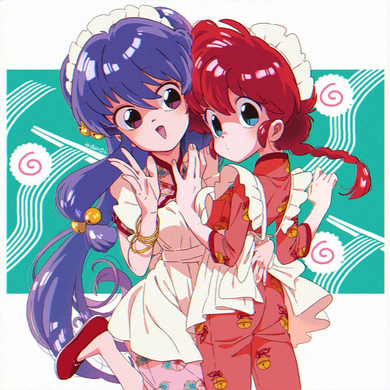 2girls, apple-boy, apron, bell, bell_print, blue_eyes, braid, braided_ponytail