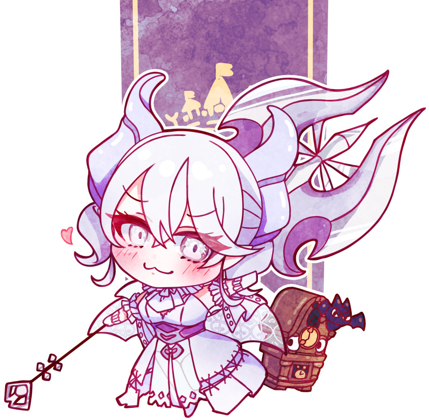 1girl, :3, absurdres, bardiche_(weapon), biscuit_(oishiibiscuit), chibi, clock, demon_girl