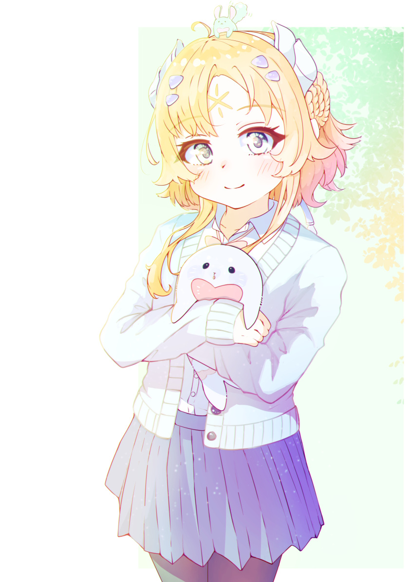 1girl, absurdres, alternate_costume, biscuit_(oishiibiscuit), blonde_hair, blue_skirt, blue_sweater, casual