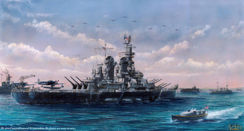 absurdres, aircraft, airplane, battleship, boat, cannon, clouds, cloudy_sky, crowd, highres, historical_event, military_vehicle, ocean, original, scenery, ship, sky, united_states_navy, uss_missouri_(bb-63), vehicle_focus, victory_over_japan_day, vortex_(xu_xuanwo), warship, watercraft, world_war_ii