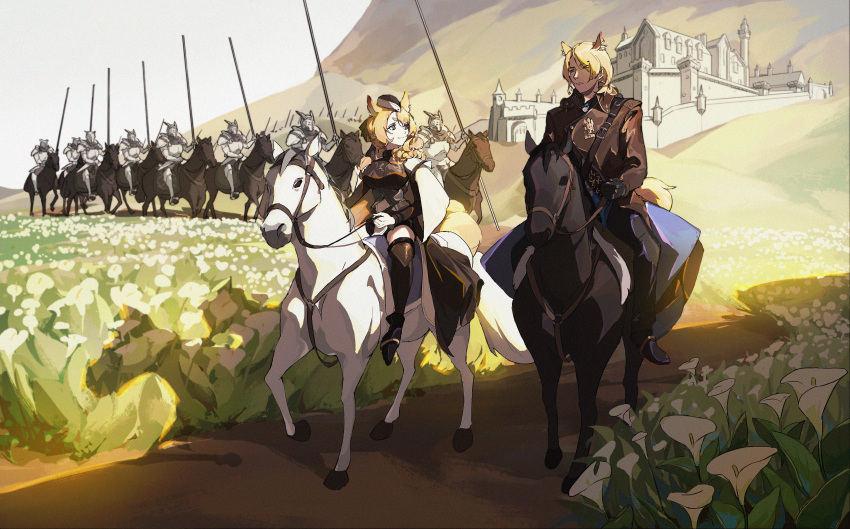 1boy, 1girl, 6+others, absurdres, arknights, black_horse, blonde_hair, blue_eyes, cape, castle, flower, flower_request, frown, hat, highres, hill, holding, holding_polearm, holding_weapon, horse, looking_at_another, mlynar_(arknights), multiple_others, outdoors, polearm, silverlance_pegasi_(arknights), sllee91646, smile, suit, weapon, whislash_(arknights), white_flower, white_horse, yellow_eyes