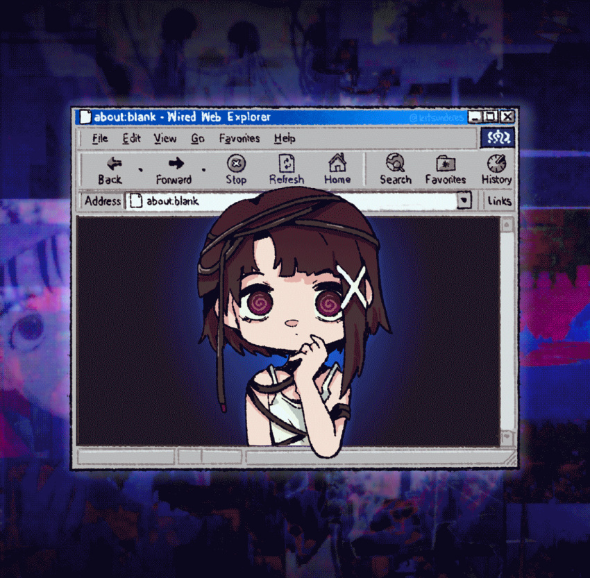 1girl, @_@, animated, animated_gif, blinking, brown_eyes, brown_hair, cable, grin, icon_(computing), iwakura_lain, kitchupsandwich, looping_animation, serial_experiments_lain, shirt, short_hair, smile, solo, thinking, twitter_username, web_address, white_shirt, window_(computing)