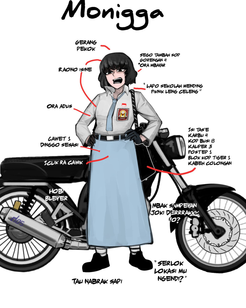 1girl, bag, black_bag, black_eyes, black_footwear, black_gloves, black_hair, character_name, character_profile, collared_shirt, commentary_request, full_body, gloves, hands_on_own_hips, highres, indonesian_flag, indonesian_high_school_uniform, indonesian_text, javanese_commentary, javanese_text, long_skirt, long_sleeves, looking_at_viewer, motor_vehicle, motorcycle, open_mouth, original, school_uniform, shirt, shoes, short_hair, shoulder_bag, simple_background, skirt, solo, standing, timur24k, white_background, white_shirt