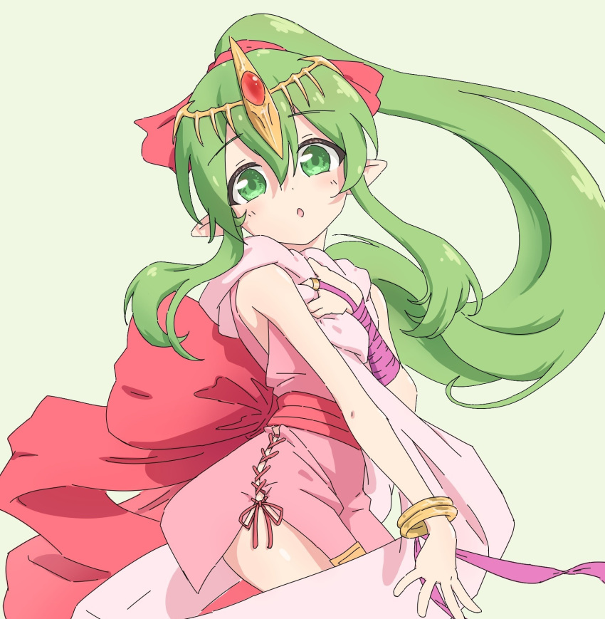 1girl, :o, boboy5658, commentary_request, cross-laced_slit, double-parted_bangs, dress, fire_emblem, fire_emblem:_mystery_of_the_emblem, fire_emblem_heroes, green_eyes, green_hair, green_pupils, hair_between_eyes, high_ponytail, highres, long_hair, looking_at_viewer, official_alternate_costume, open_mouth, pink_dress, simple_background, solo, tiara, tiki_(adult)_(fated_divinity)_(fire_emblem), tiki_(fire_emblem), tiki_(young)_(fire_emblem), white_background