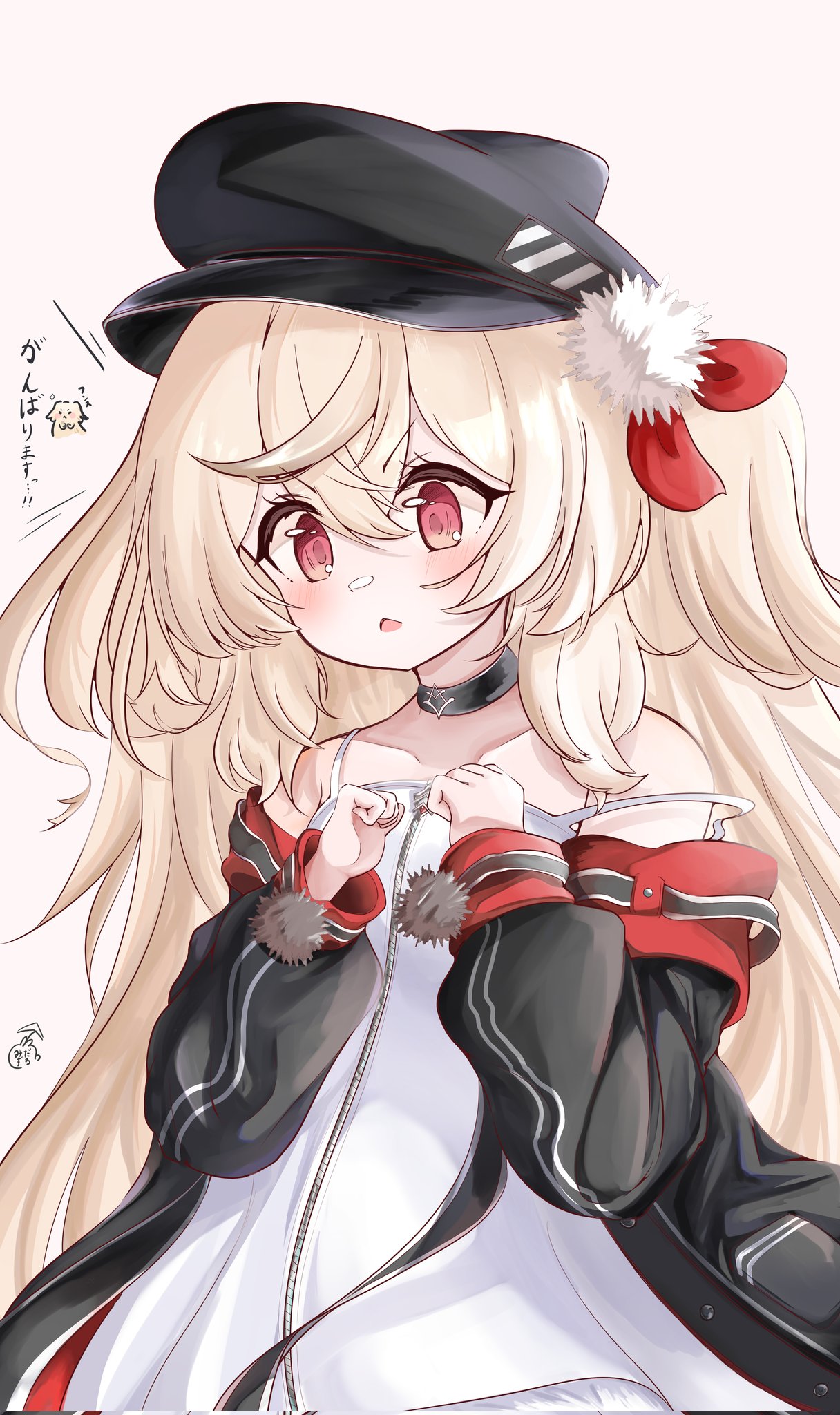1girl, azur_lane, bare_shoulders, black_choker, black_hat, black_jacket, blonde_hair, blush