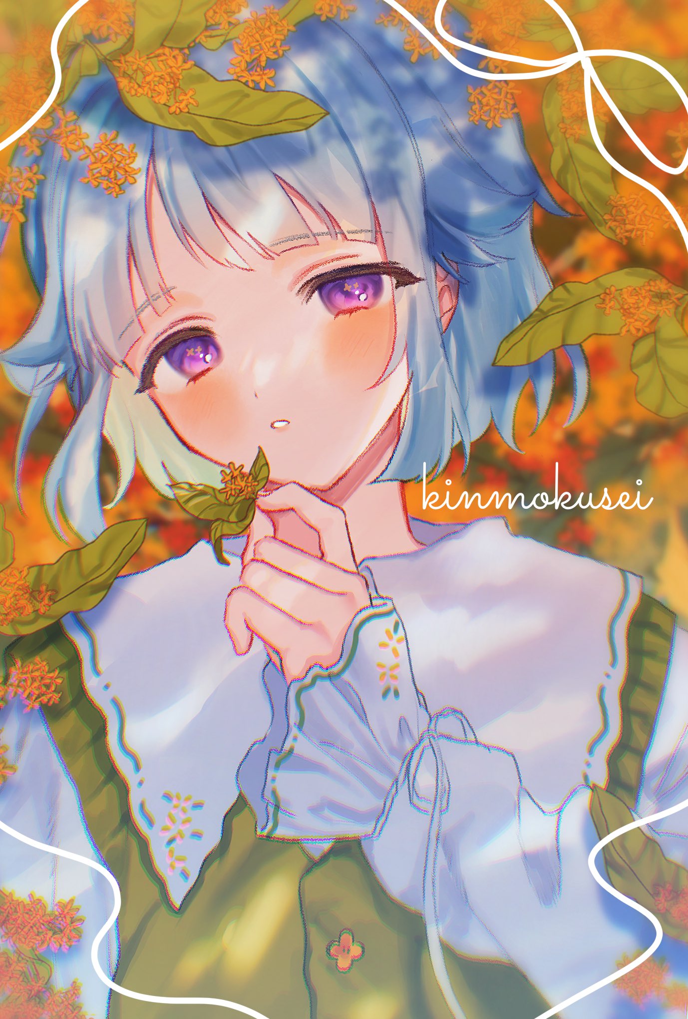 1boy, alternate_costume, androgynous, blue_hair, blunt_bangs, blunt_ends, blurry, blurry_background