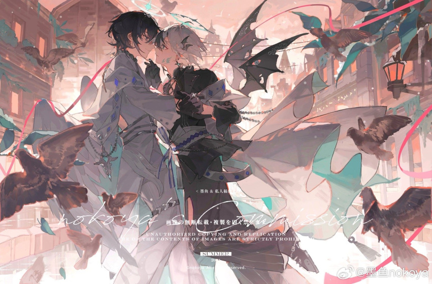 2boys, angel_and_devil, angel_wings, aqua_cape, aqua_halo, backless_outfit, bat_hair_ornament, bat_wings