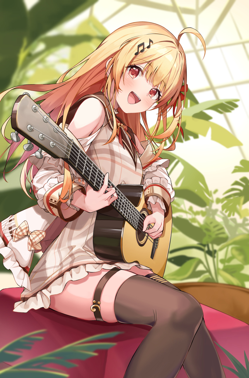 1girl, absurdres, acoustic_guitar, ahoge, blonde_hair, blunt_bangs, bow, bowtie, brown_sailor_collar, brown_thighhighs, buttons, collared_dress, commentary_request, double-breasted, dress, feet_out_of_frame, frilled_cuffs, frilled_dress, frilled_jacket, frills, from_side, guitar, hair_ornament, highres, holding, holding_guitar, holding_instrument, hololive, hololive_dev_is, instrument, jacket, jacket_bow, jacket_partially_removed, knees_together_feet_apart, long_hair, looking_at_viewer, music, musical_note, musical_note_hair_ornament, one_side_up, open_clothes, open_jacket, open_mouth, otonose_kanade, otonose_kanade_(1st_costume), piano_print, plaid_clothes, plaid_dress, plant, playing_guitar, red_bow, red_bowtie, red_eyes, sailor_collar, short_dress, singing, sinigo01, sitting, sleeve_cuffs, sleeveless, sleeveless_dress, solo, teeth, thigh-highs, thigh_strap, upper_teeth_only, virtual_youtuber