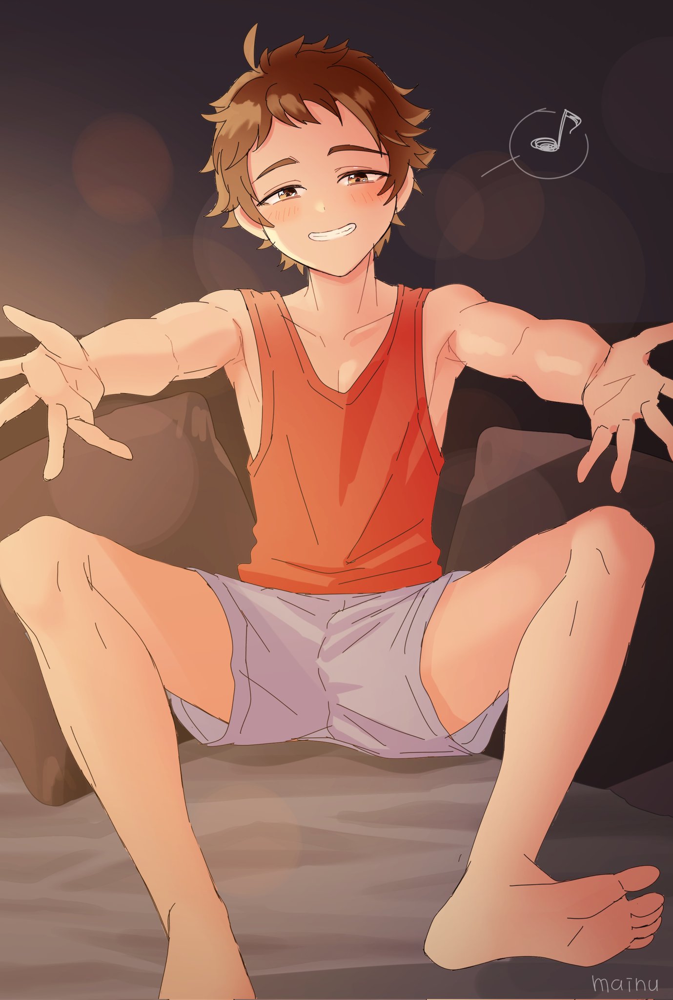 1boy, attakaionaka, bare_legs, barefoot, blush, brown_background, brown_eyes, brown_hair, collarbone, ensemble_stars!, full_body, grey_shorts, grin, half-closed_eyes, highres, hug_invitation, knees_up, lens_flare, looking_at_viewer, low-cut_armhole, male_focus, messy_hair, muscular, muscular_male, musical_note, on_bed, orange_tank_top, outstretched_arms, pectoral_cleavage, pectorals, pillow, pov_across_bed, reaching, reaching_towards_viewer, short_bangs, shorts, sidepec, smile, solo, spoken_musical_note, spread_legs, tank_top, tenma_mitsuru, thick_eyebrows