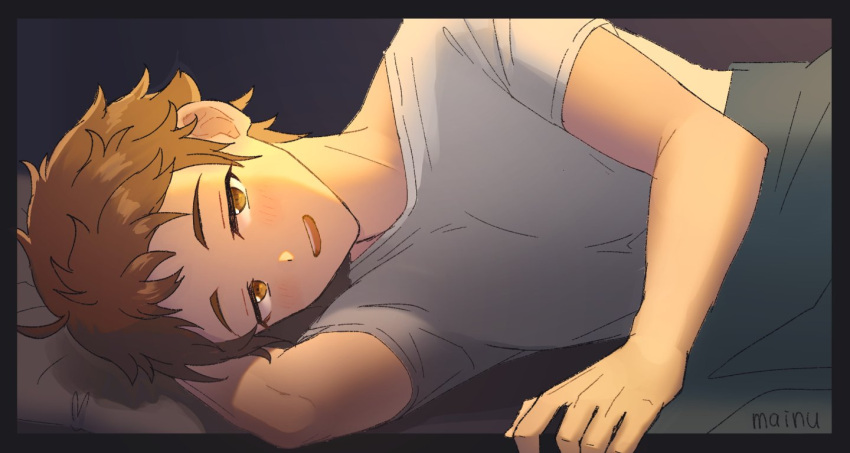 1boy, arm_support, attakaionaka, backlighting, black_border, border, brown_eyes, brown_hair