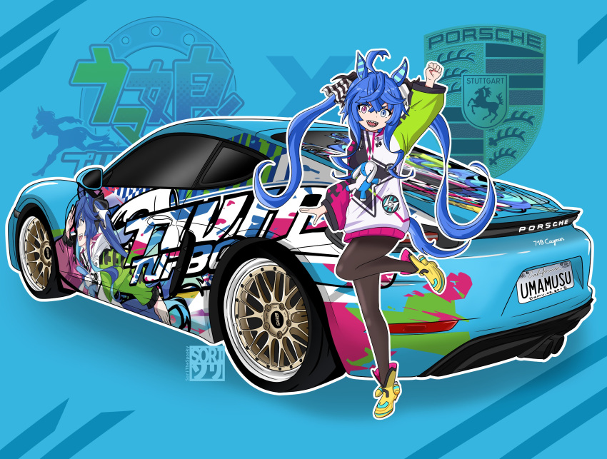 1girl, absurdres, ahoge, animal_ears, arm_up, artist_logo, blue_background, blue_eyes