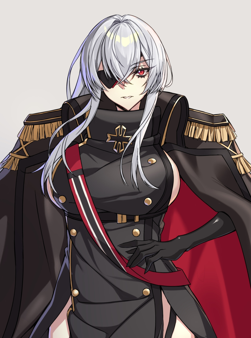 1girl, azur_lane, black_cape, black_gloves, breasts, buttons, cape, closed_mouth, commentary_request, cross, crossed_bangs, eyepatch, fritz_rumey_(azur_lane), gloves, hand_on_own_hip, highres, iron_cross, lips, long_hair, looking_at_viewer, military_uniform, ouka_(sakura_oinari), red_eyes, sideboob, simple_background, solo, upper_body, white_background, white_hair