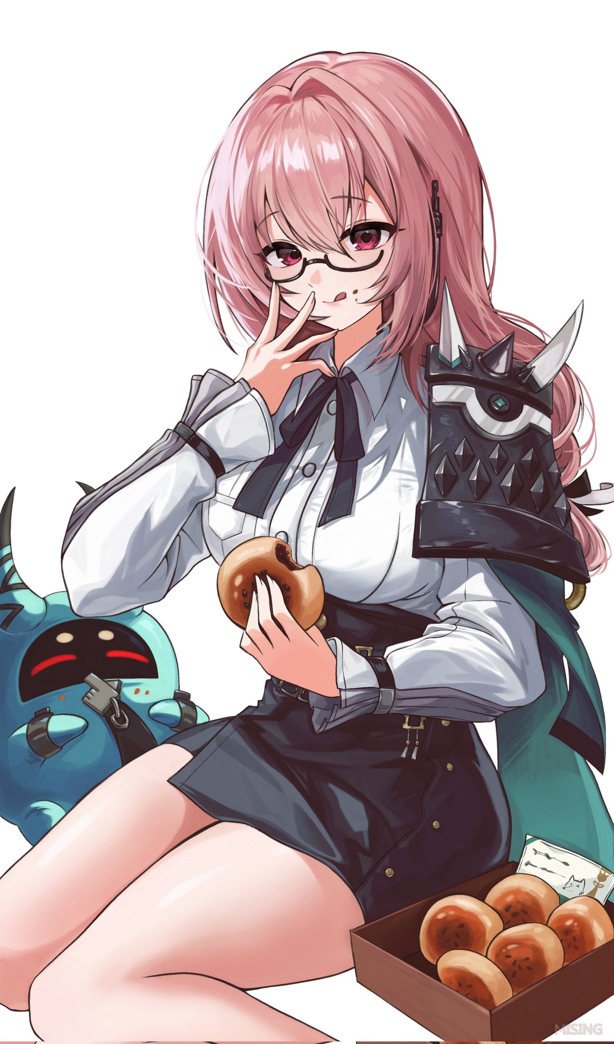 1girl, :q, armor, bangboo_(zenless_zone_zero), black_skirt, corrupted_twitter_file, cowboy_shot, dress_shirt