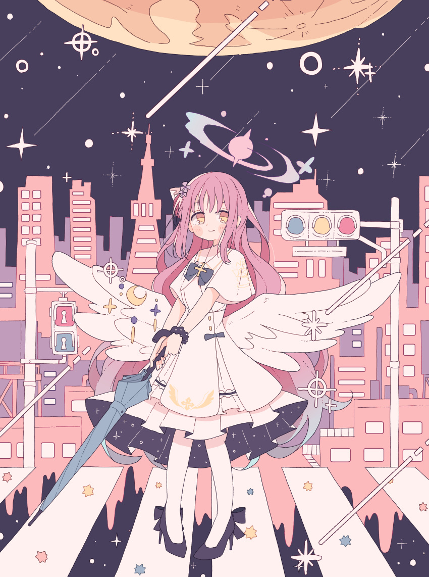 1girl, absurdres, akashia_(akasia313), angel_wings, aqua_hair, black_bow, black_scrunchie, blue_archive