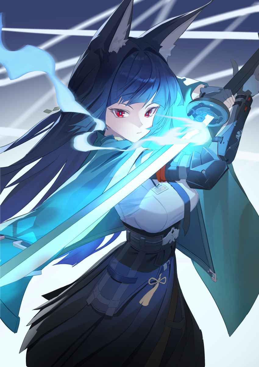 1girl, absurdres, animal_ear_fluff, animal_ears, black_hair, black_necktie, black_skirt, blunt_bangs, breasts, closed_mouth, cowboy_shot, dress_shirt, expressionless, fingerless_gloves, fox_ears, fox_girl, gauntlets, gloves, green_jacket, high-waist_skirt, highres, holding, holding_sword, holding_weapon, hoshimi_miyabi, jacket, katana, large_breasts, long_hair, looking_at_viewer, necktie, red_eyes, shirt, single_fingerless_glove, skirt, solo, sword, szai, weapon, white_shirt, zenless_zone_zero