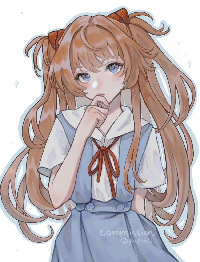 1girl, blue_eyes, hand_on_own_chin, highres, long_hair, looking_at_viewer, neon_genesis_evangelion, orange_hair, pufioli, school_uniform, short_sleeves, solo, souryuu_asuka_langley, tokyo-3_middle_school_uniform, twintails