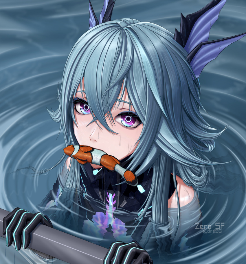 1girl, aqua_hair, artist_name, bare_shoulders, black_gloves, commentary, crossed_bangs, fins
