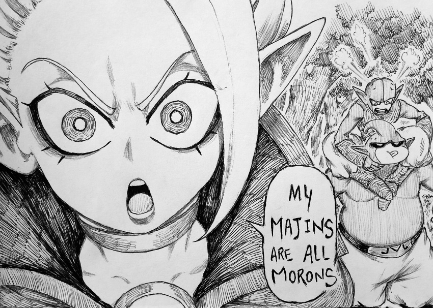 1girl, 2boys, absurdres, choker, chronozbergh, dr._arinsu, dragon_ball, dragon_ball_daima, english_text, greyscale, head_steam, highres, looking_at_viewer, majin_duu, majin_kuu, meme, monochrome, multiple_boys, open_mouth, pointy_ears, robe, single_bang, speech_bubble, steam, topless_male, traditional_media