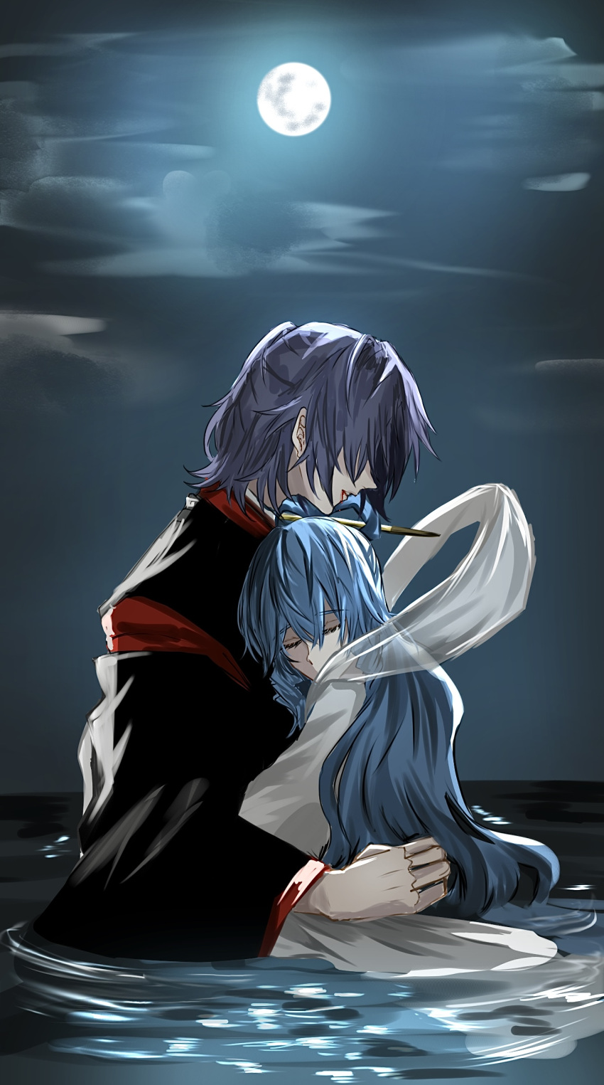 1girl, 1other, absurdres, ambiguous_gender, backlighting, black_sleeves, blood, blood_from_mouth