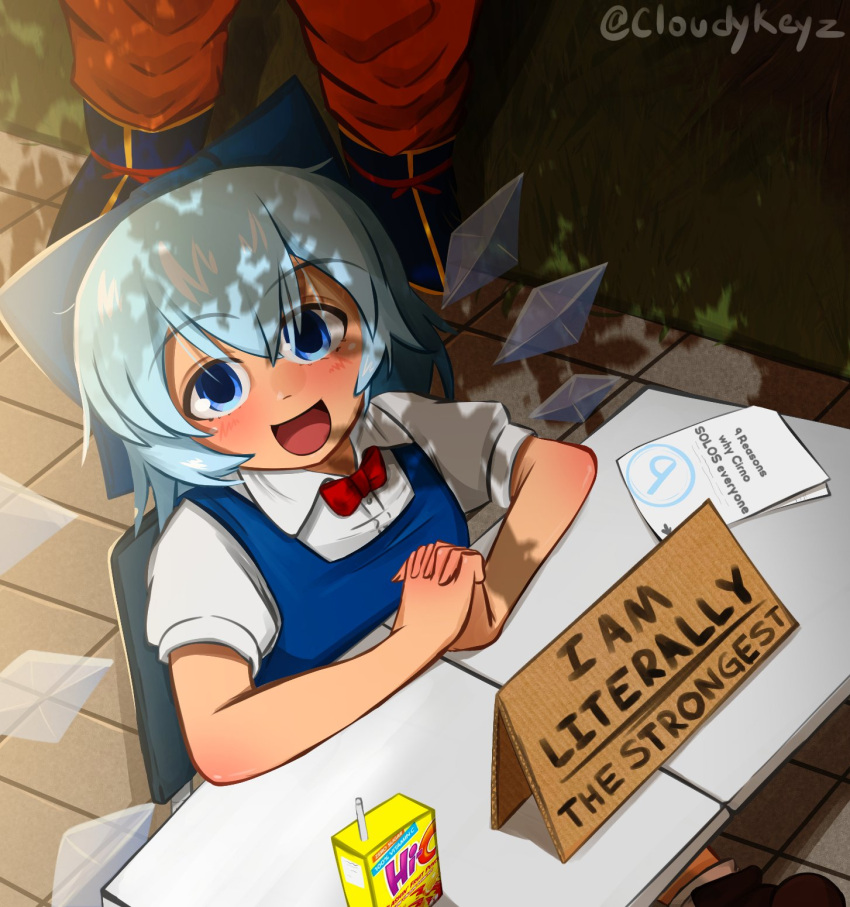 1boy, 1girl, blue_bow, blue_dress, blue_eyes, blue_hair, bow, bowtie, cirno, cloudykeyz, collared_shirt, crossover, dragon_ball, dress, english_text, hair_between_eyes, hair_bow, hi-c, highres, ice, ice_wings, juice_box, looking_at_viewer, medium_hair, open_mouth, orange_pants, pants, red_bow, red_bowtie, shirt, sitting, son_goku, table, touhou, twitter_username, white_shirt, wings