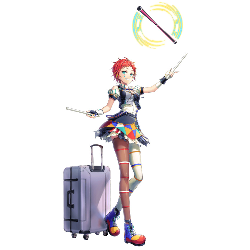 1girl, asymmetrical_legwear, bad_source, bare_shoulders, blue_eyes, breasts, devil_sticks, earrings, facepaint, full_body, game_cg, highres, jewelry, nail_polish, nicolas_(unitia), official_art, redhead, rolling_suitcase, short_hair, skirt, suitcase, third-party_source, transparent_background, unitia