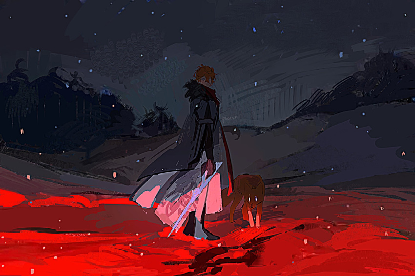 1boy, black_footwear, blue_eyes, coat, full_body, genshin_impact, highres, long_sleeves, looking_at_viewer, orange_hair, pants, pneech, red_scarf, scarf, shoes, snow, solo, tartaglia_(genshin_impact), white_coat, white_pants, winter, wolf