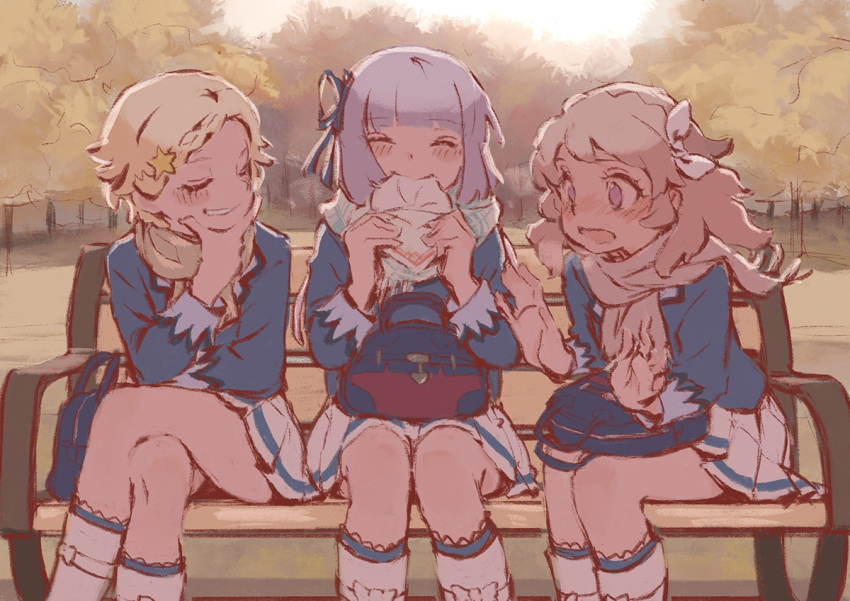 3girls, ^_^, aikatsu!, aikatsu!_(series), autumn, bag, baozi, blonde_hair
