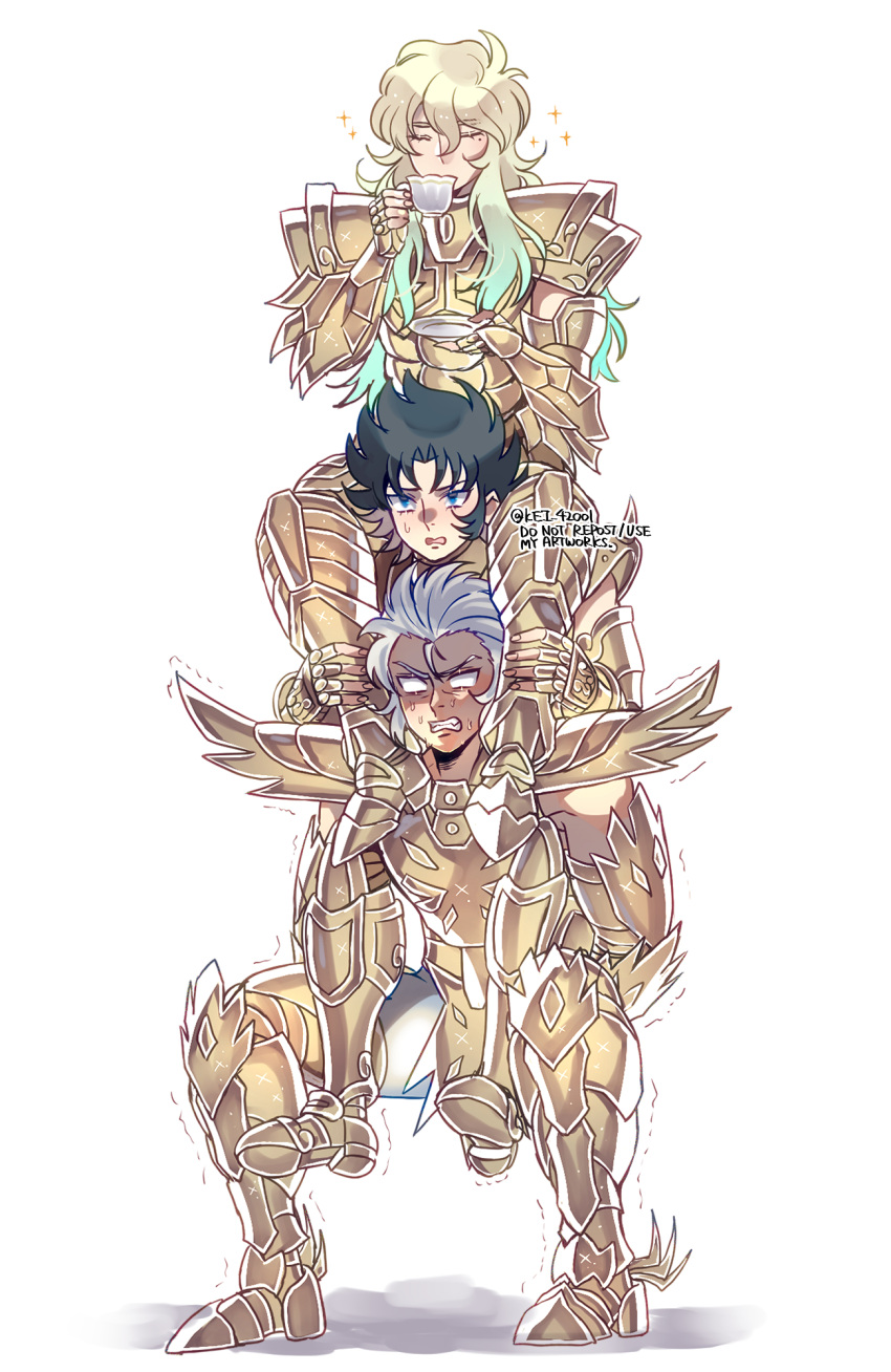 3boys, armor, black_hair, blank_eyes, blonde_hair, blue_eyes, blue_hair, cancer_death_mask
