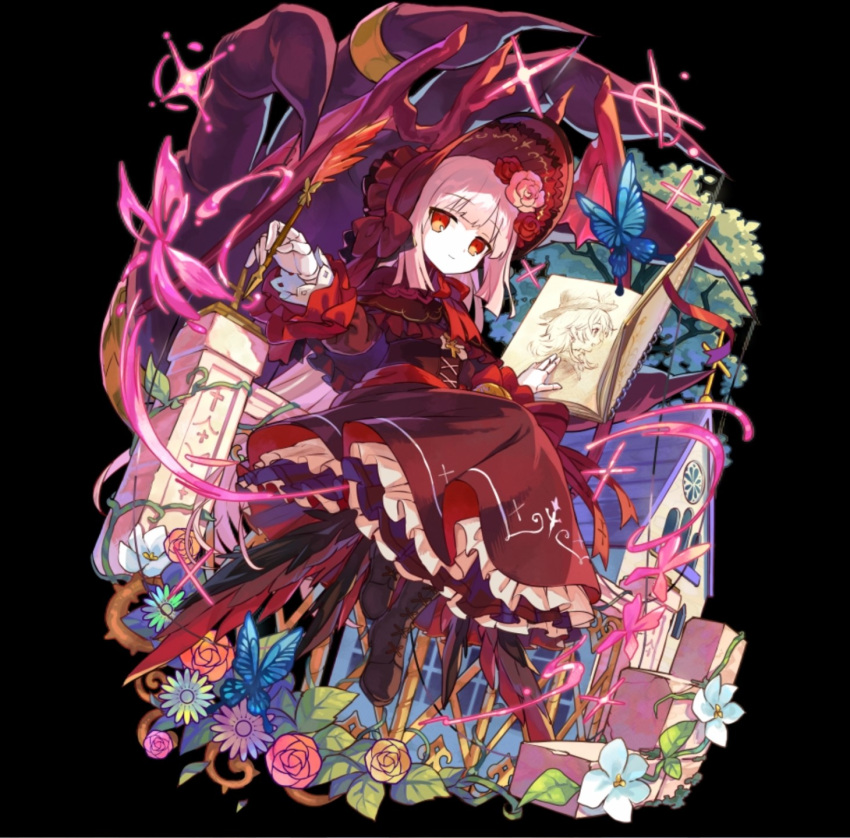 1girl, black_background, blue_butterfly, blunt_bangs, bonnet, book, boots, bug