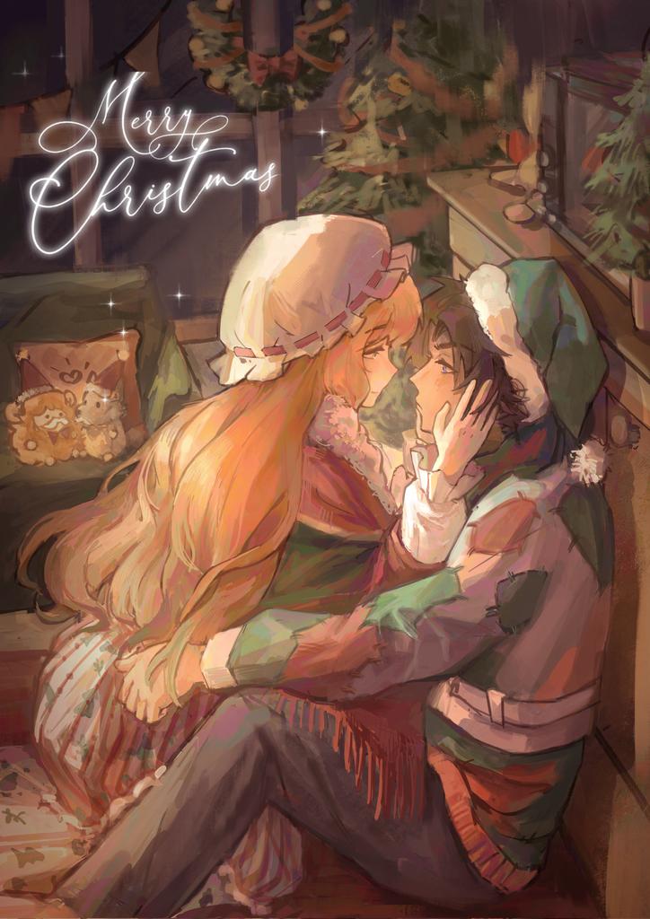 09gugugu, 1boy, 1girl, brown_hair, christmas, christmas_nightmare_(e.g.o), christmas_tree, dress