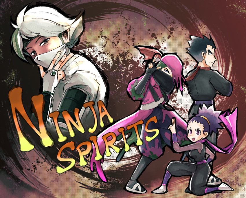 1girl, 3boys, absurdres, atticus_(pokemon), bandana, bandana_over_mouth, beni_(pokemon), father_and_daughter