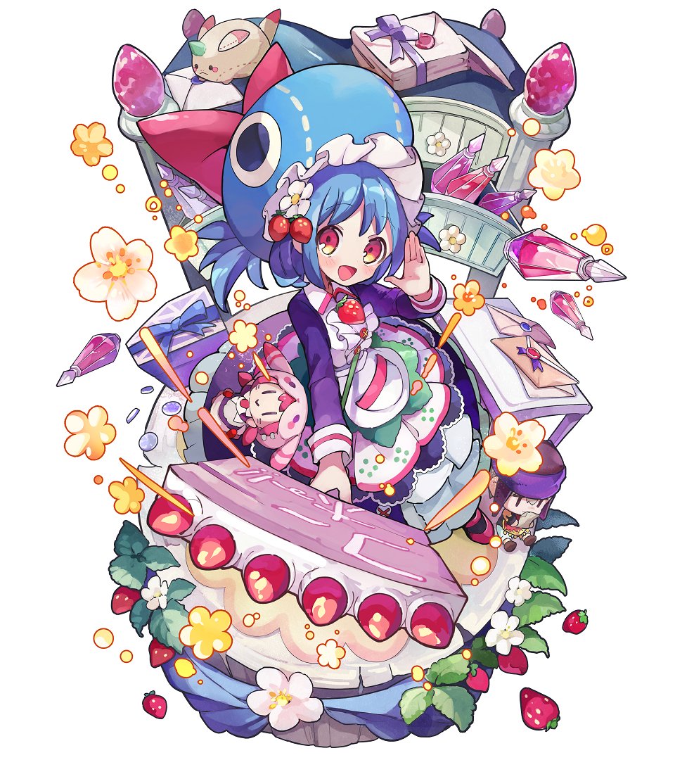 1girl, :d, apron, blue_hair, blue_hat, blush, bow, box